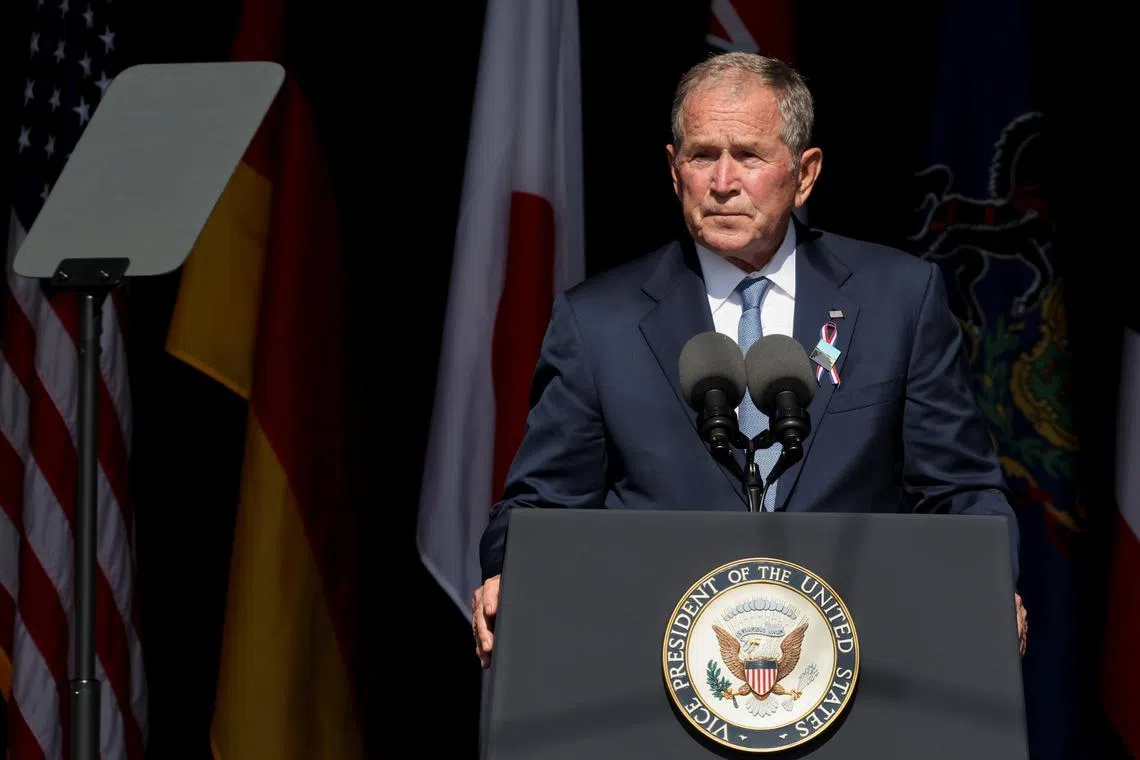 Former U.S. President George W. Bush speaks during an event commemorating the 20th anniversary of the September 11, 2001 attacks at the Flight 93 National Memorial in Stoystown, Pennsylvania, U.S., September 11, 2021. REUTERS/Evelyn Hockstein/File Photo