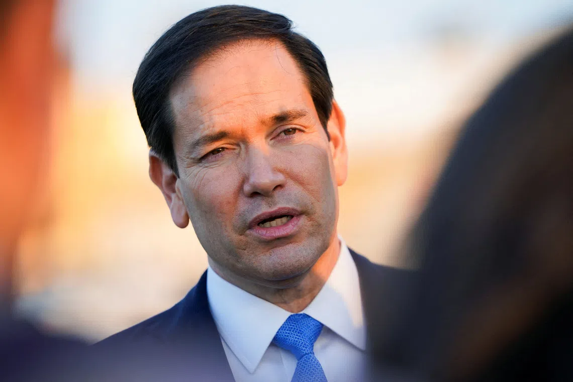 U.S. Secretary of State Marco Rubio speaks at Ben Gurion International Airport, as he departs Tel Aviv for Qatar following an official visit, near Lod, Israel, September 16, 2025. REUTERS/Nathan Howard/Pool/File Photo