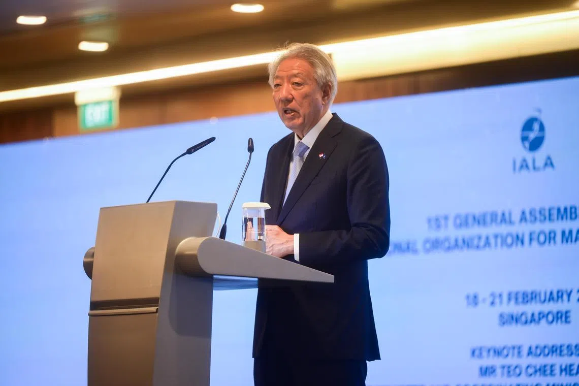 ST20250218_202539500407 elmarine18 Azmi Athni/Esther Loi//

Senior Minister Teo Chee Hean giving a keynote address at the opening ceremony of the first general assembly of International Organization for Marine Aids to Navigation (IALA) at Suntec Convention Centre on Feb 18, 2025.

ST PHOTO: AZMI ATHNI