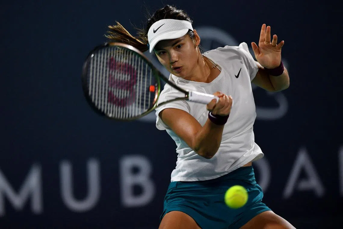 Emma Raducanu taking on world No. 2 Ons Jabeur at the Mubadala Championship on Friday, watched by German coach Sebastian Sachs.
