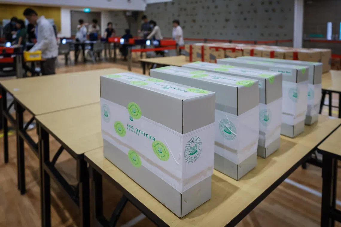 Ballot boxes and Singpost boxes containing overseas votes and postal ballot papers at the Elections Department at Novena Rise on Sept 12.