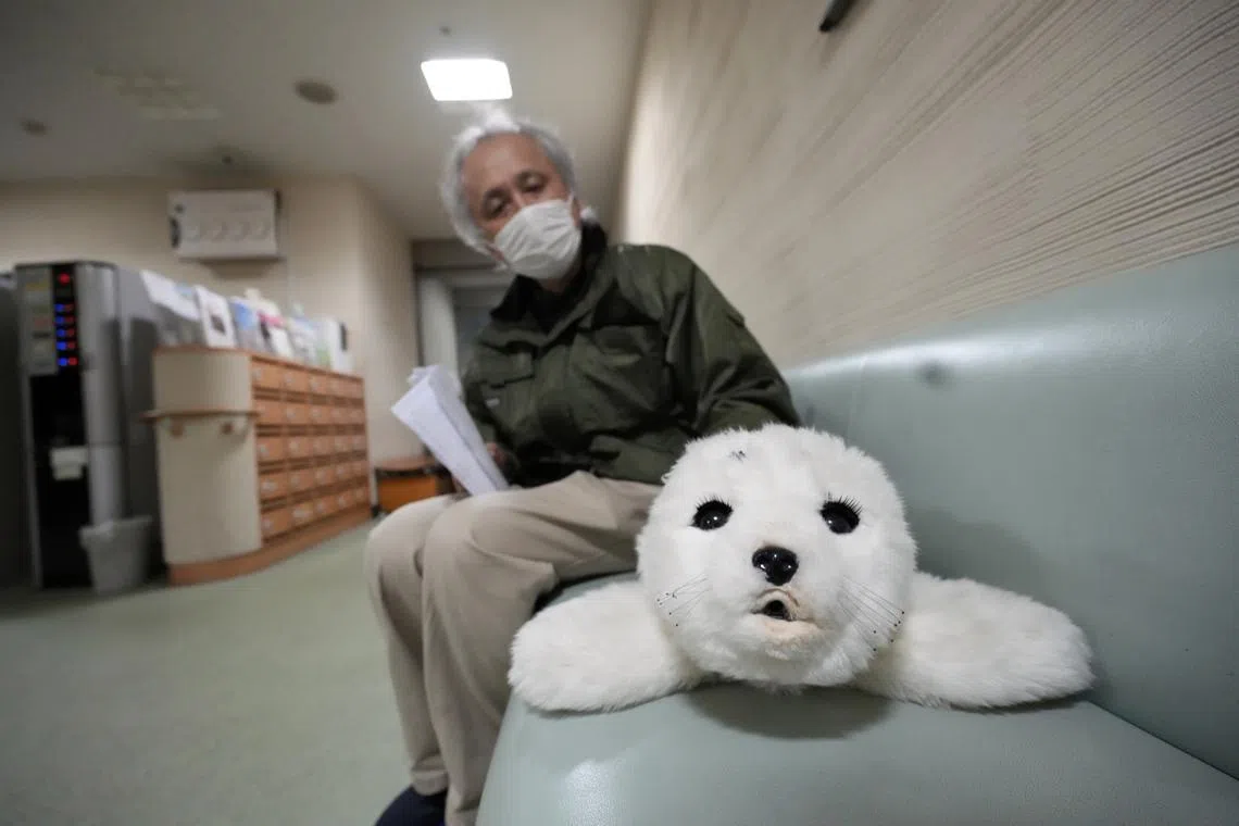A staff member of Shintomi nursing home sitting next to interactive robot Paro in Tokyo, Japan on April 7, 2023. Silver Wing Social Welfare Corp. Chairman Kimiya Ishikawa explained that 'the usage of communication robots may help to combat dementia but researches are still needed'.  