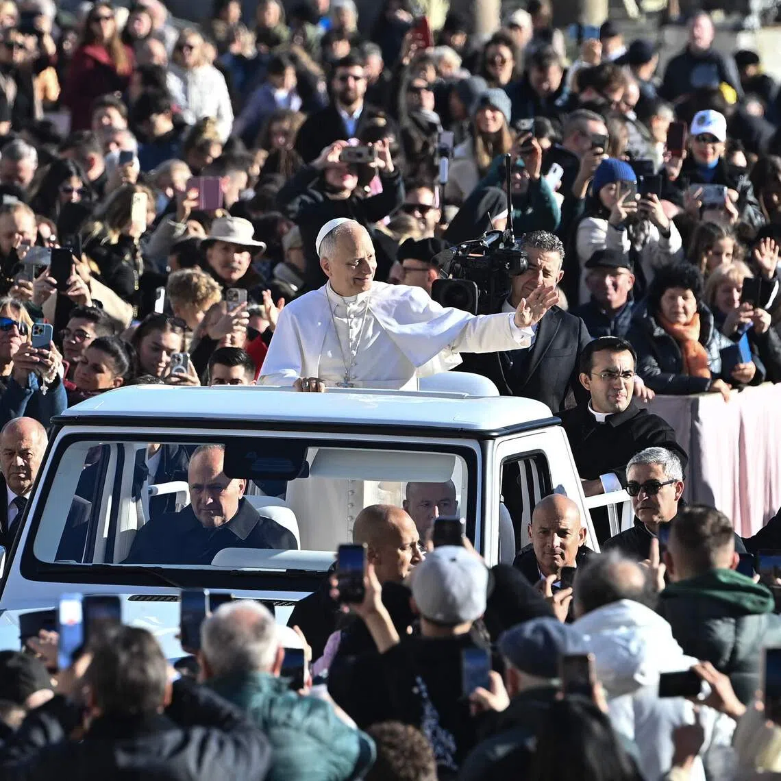 Pope Leo XIV arriving to lead the mass during the Jubilee Audience at St Peter's Square in the Vatican on Dec 6.