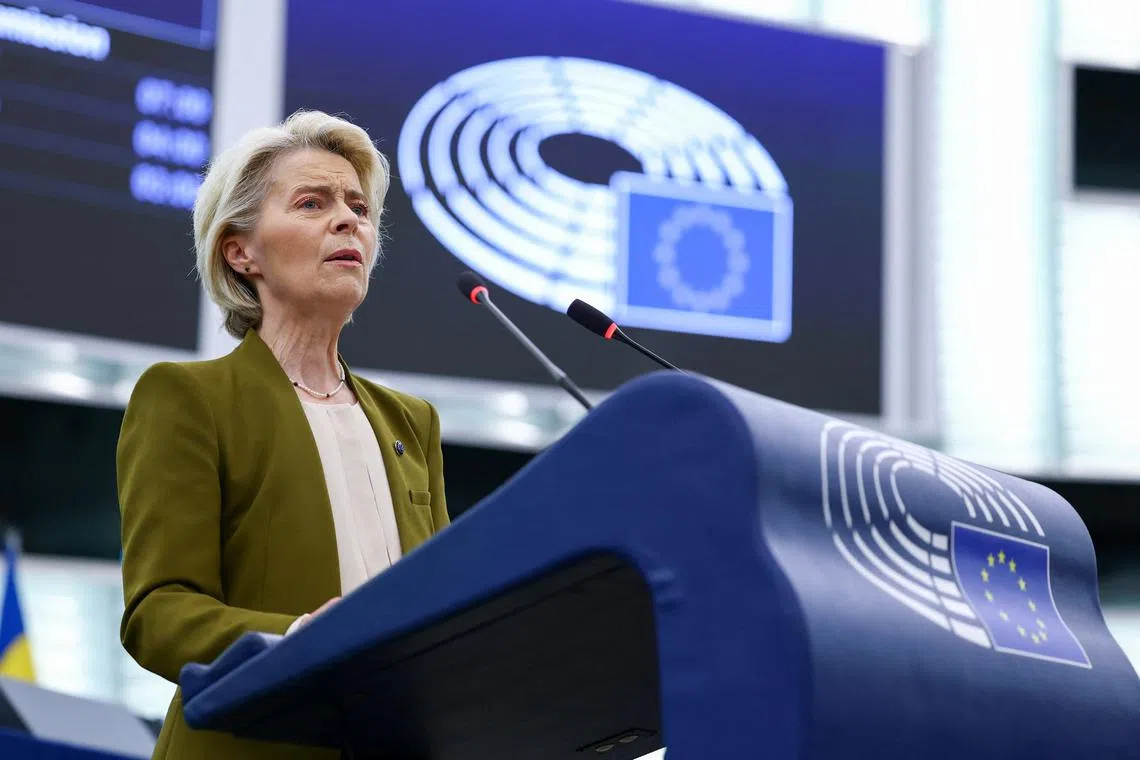 European Commission President Ursula von der Leyen delivers the State of the European Union address to the European Parliament, in Strasbourg, France, September 10, 2025. REUTERS/Yves Herman