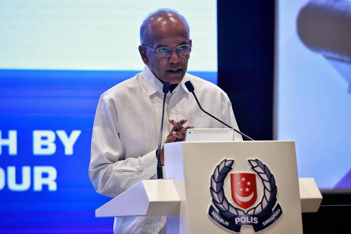 ST20230512_202337040133/dsspf12/David Sun/Jason Quah

Minister K Shanmugam speaks at the police workplan seminar and exhibition at the Singapore Expo on May 12, 2023.