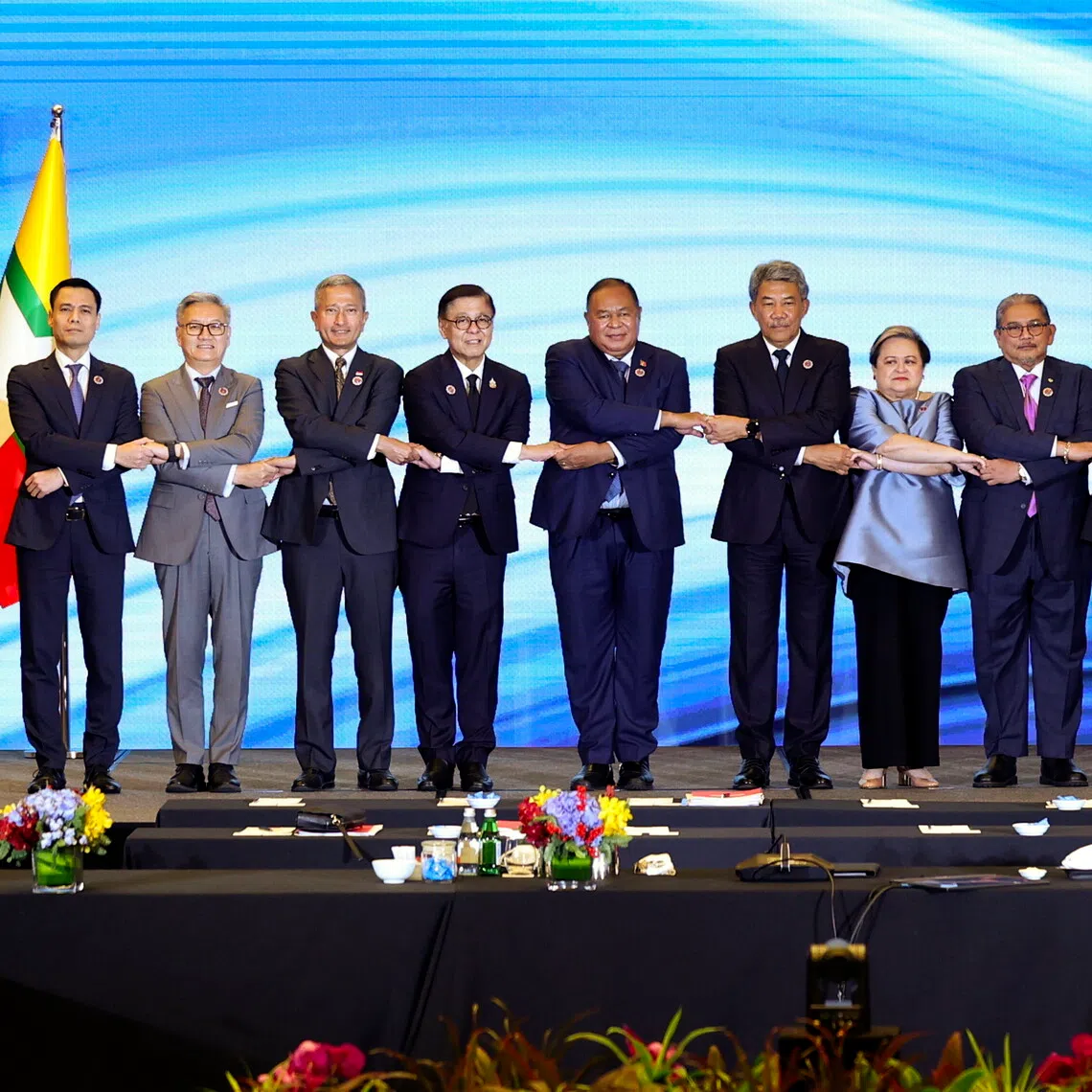 (From left) Vietnamese Deputy Foreign Minister Dang Hoang Giang, Laos Foreign Minister Thongsavanh Phomvihane, Singapore Foreign Minister Vivian Balakrishnan, Thai Foreign Minister Sihasak Phuangketkeow, Timor-Leste Foreign Minister Bendito dos Santos Freitas, Malaysian Foreign Minister Mohamad Hasan, Philippine Foreign Secretary Theresa Lazaro,Brunei Second Foreign Minister Erywan Pehin Yusof, Cambodian Foreign Minister Prak Sokhonn, Indonesian Foreign Minister Sugiono and ASEAN Secretary-General Kao Kim Hourn at the Special ASEAN Foreign Ministers’ Meeting in Kuala Lumpur on Dec 22.