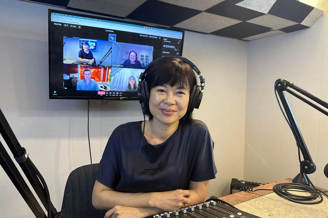 ST's senior business correspondent Krist Boo speaks virtually with (pictured on screen) Ms Chris Havrilla, vice president for human capital management strategy at Oracle, Mr Ben King, managing director for Google Singapore and Ms Cheryl Low, a young executive in her first job at Access Partnership.