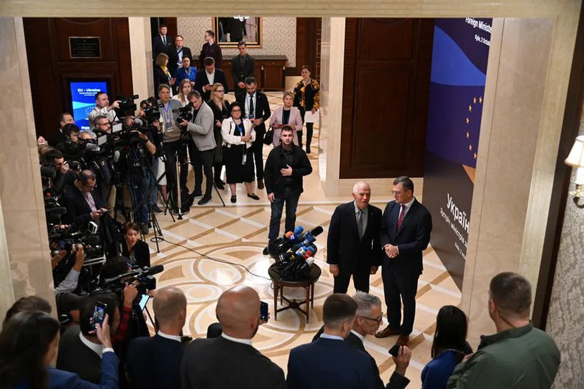 Ukrainian Foreign Minister Dmytro Kuleba and European Union Foreign Policy Chief Josep Borrell speak to the media before EU-Ukraine foreign ministers meeting, amid Russia's attack on Ukraine, in Kyiv, Ukraine October 2, 2023. Press service of the Ministry of Foreign Affairs of Ukraine/Handout via REUTERS