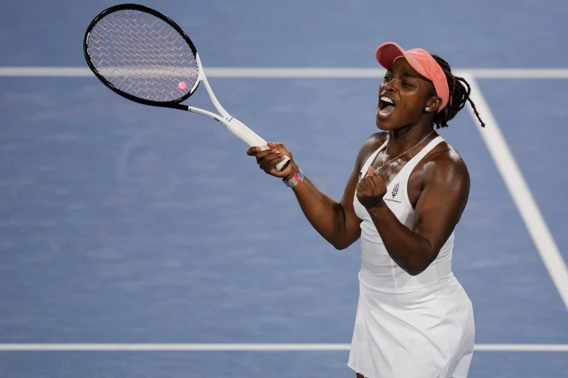Sloane Stephens of the United States celebrating her win against Caroline Garcia of France during their third round match at the Cincinnati Open at Lindner Family Tennis Center on Tuesday in Mason, Ohio. 