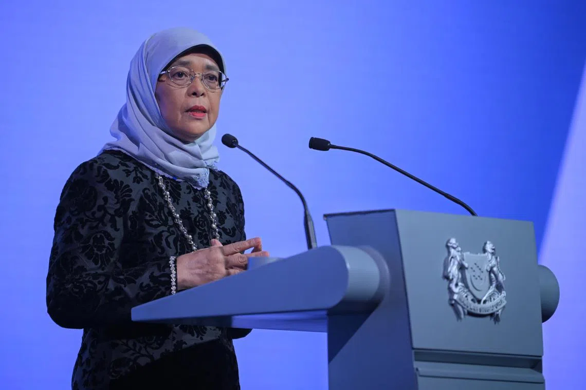President Halimah Yacob speaks during the first day of the International Conference of Cohesive Societies held at Raffles City Convention Centre on Sept 6, 2022.