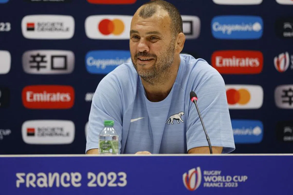 FILE PHOTO: Rugby Union - Rugby World Cup 2023 - Argentina Press Conference - Orange Velodrome, Marseille, France - September 8, 2023 Argentina head coach Michael Cheika during the press conference REUTERS/Peter Cziborra/File Photo