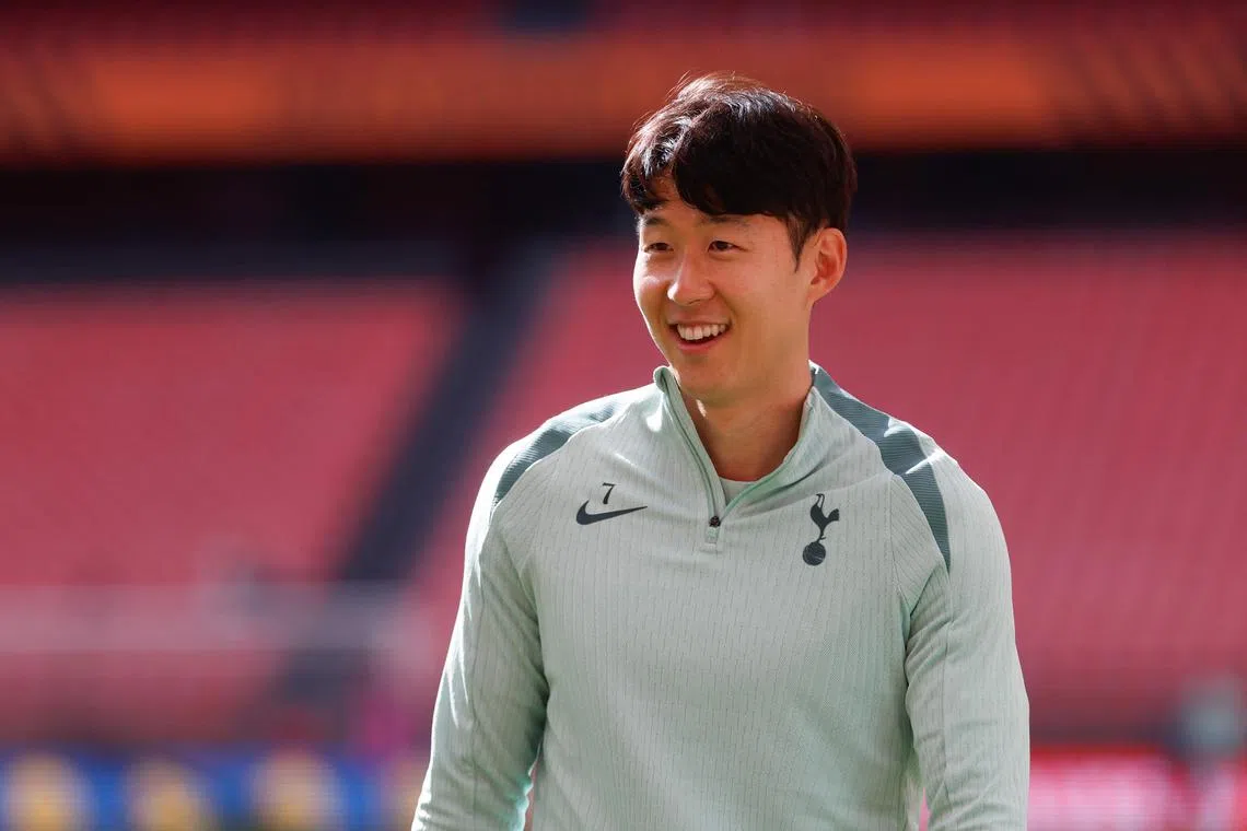 Tottenham Hotspur's South Korean striker Son Heung-Min taking part in a training session on the eve of their Europa League final against Manchester United, on May 20.