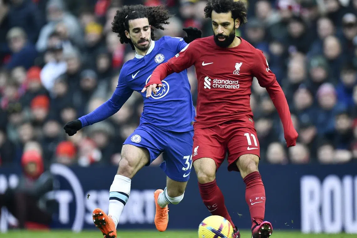 Liverpool's Mohamed Salah (right) in action against Marc Cucurella of Chelsea.