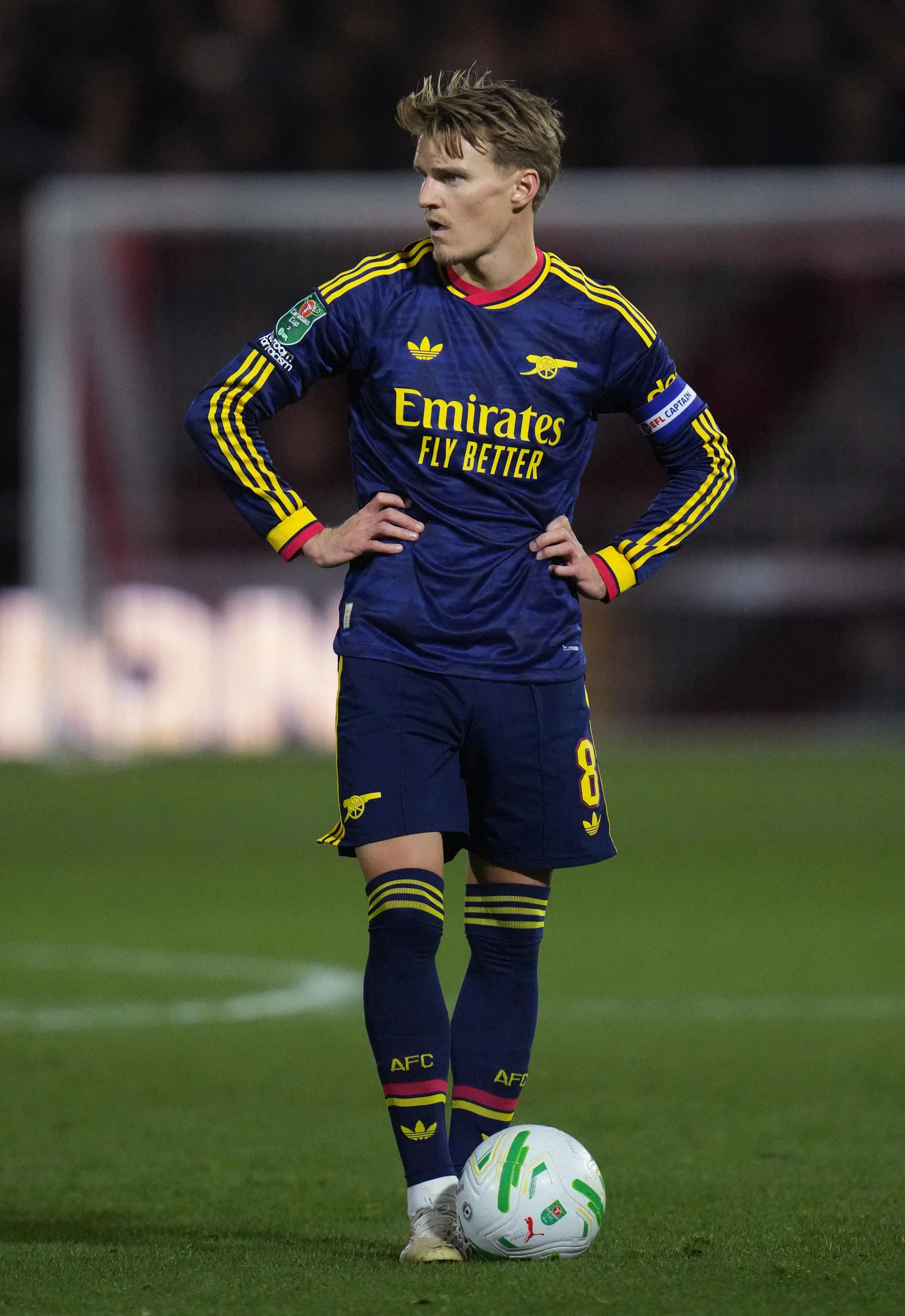 Arsenal captain Martin Odegaard preparing to take a free kick during the League Cup match against Fleetwood on Oct 27.