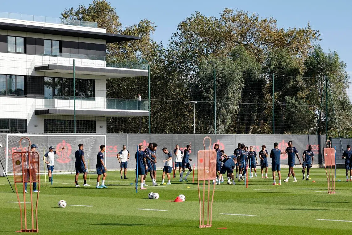 Nice players training on Sept 23, 2025 before facing Italian team AS Roma in their Uefa Europa League soccer match on Sept 24.