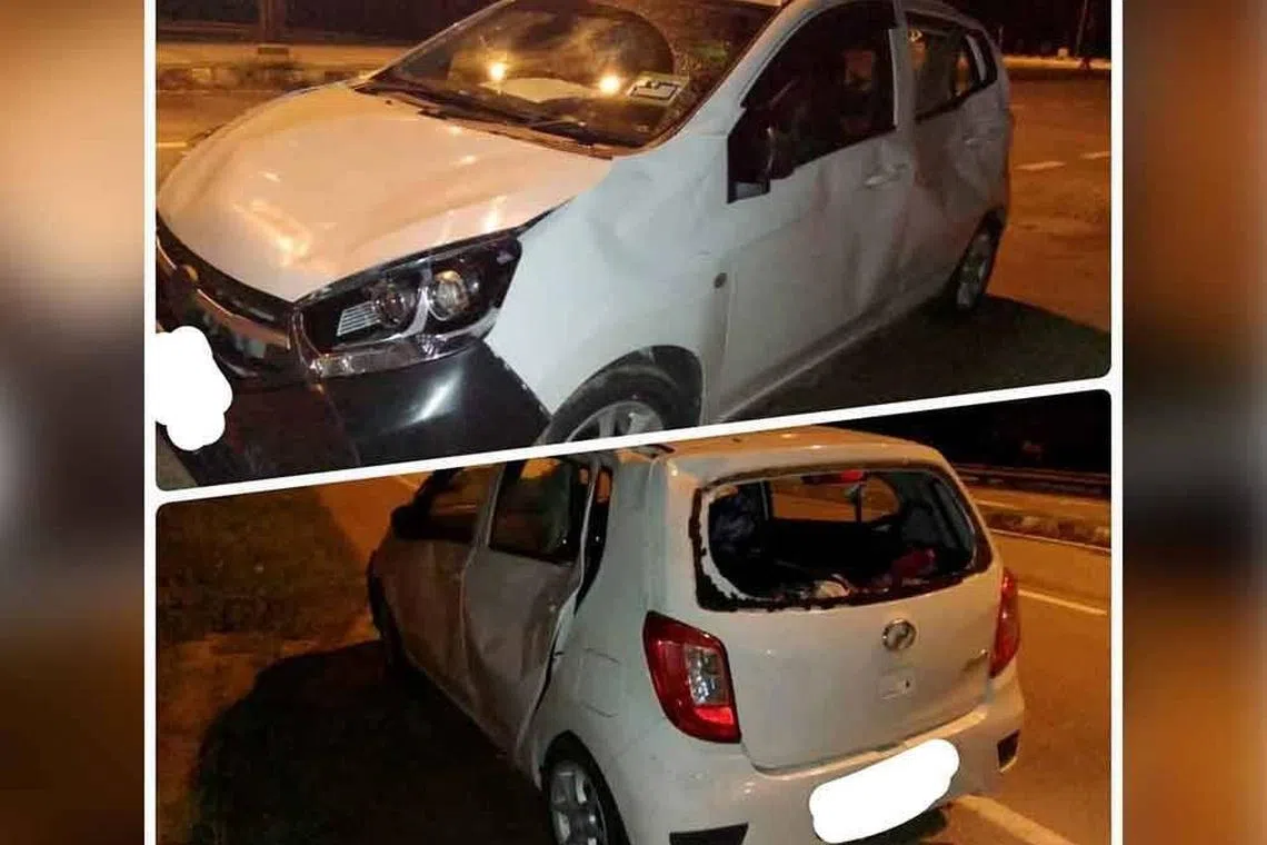 The Perodua Axia vehicle the family of three was travelling in was badly damaged after being trampled by a group of elephants.