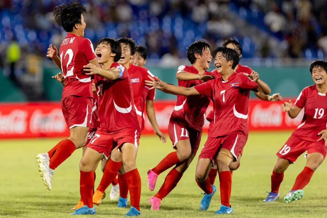 North Korean players celebrating after beating Spain in the penalty shoot-out to win the Fifa U-17 women’s football World Cup at the Olimpico Felix Sanchez Stadium in Santo Domingi on Nov 3, 2024.