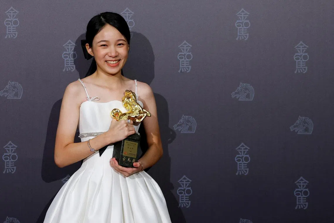 Audrey Lin poses with the Best Leading Actress award for Trouble Girl at the 60th Golden Horse Awards in Taipei, Taiwan, Nov 25, 2023. 