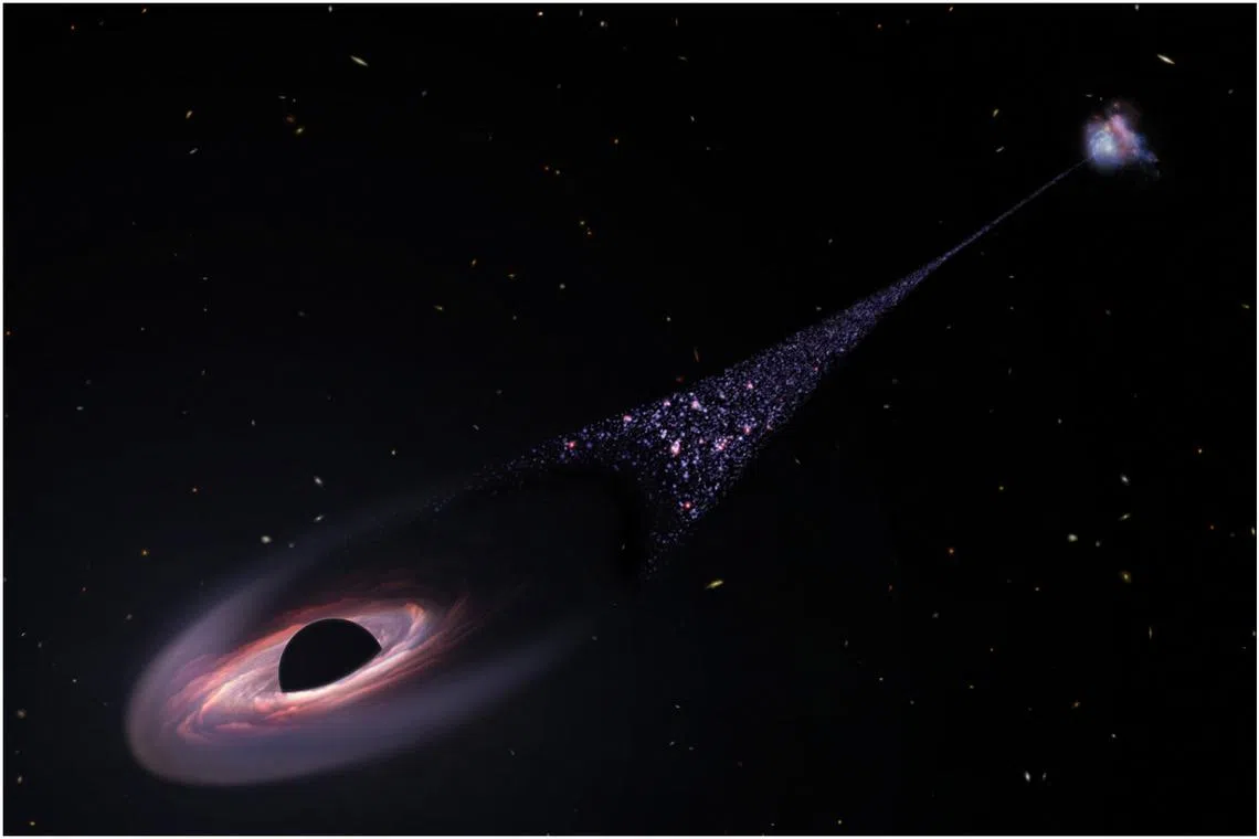 An artist's impression of a runaway black hole. It is rampaging through the blackness and plowing into gas clouds in its path.