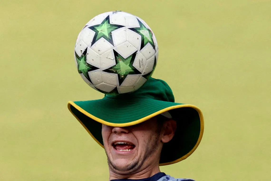 South Africa's Gerald Coetzee playing football during practice at the ICC Cricket World Cup 2023  held at the Bharat Ratna Shri Atal Bihari Vajpayee Ekana Cricket Stadium, Lucknow, India on Oct 11.