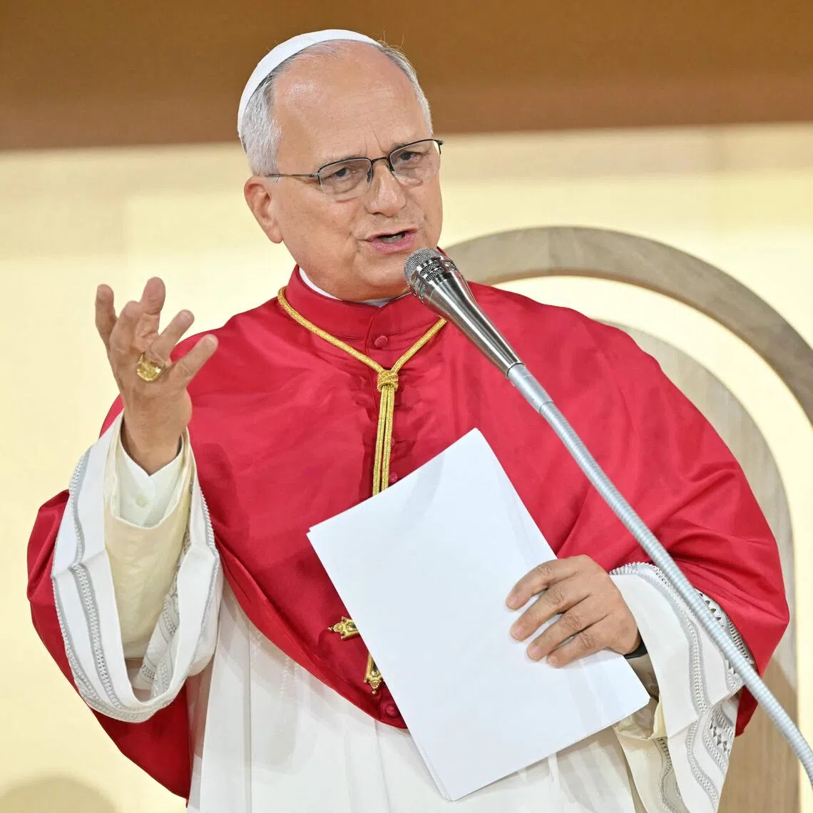 Pope Leo XIV speaks during a prayer vigil with young people at the Stade de France stadium, in Saint-Denis on the outskirts of Paris on Sept 25, 2026.