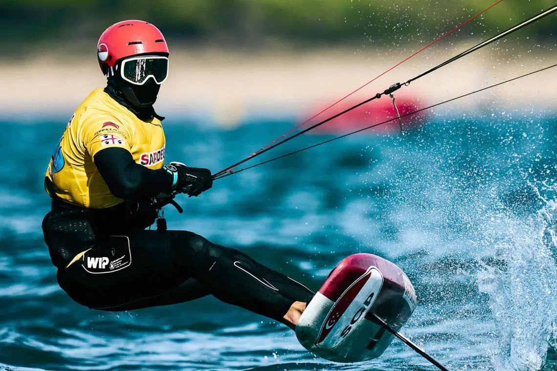 Max Maeder powering his way to the men's title at the Formula Kite Youth European Championships in Italy on Oct 13.