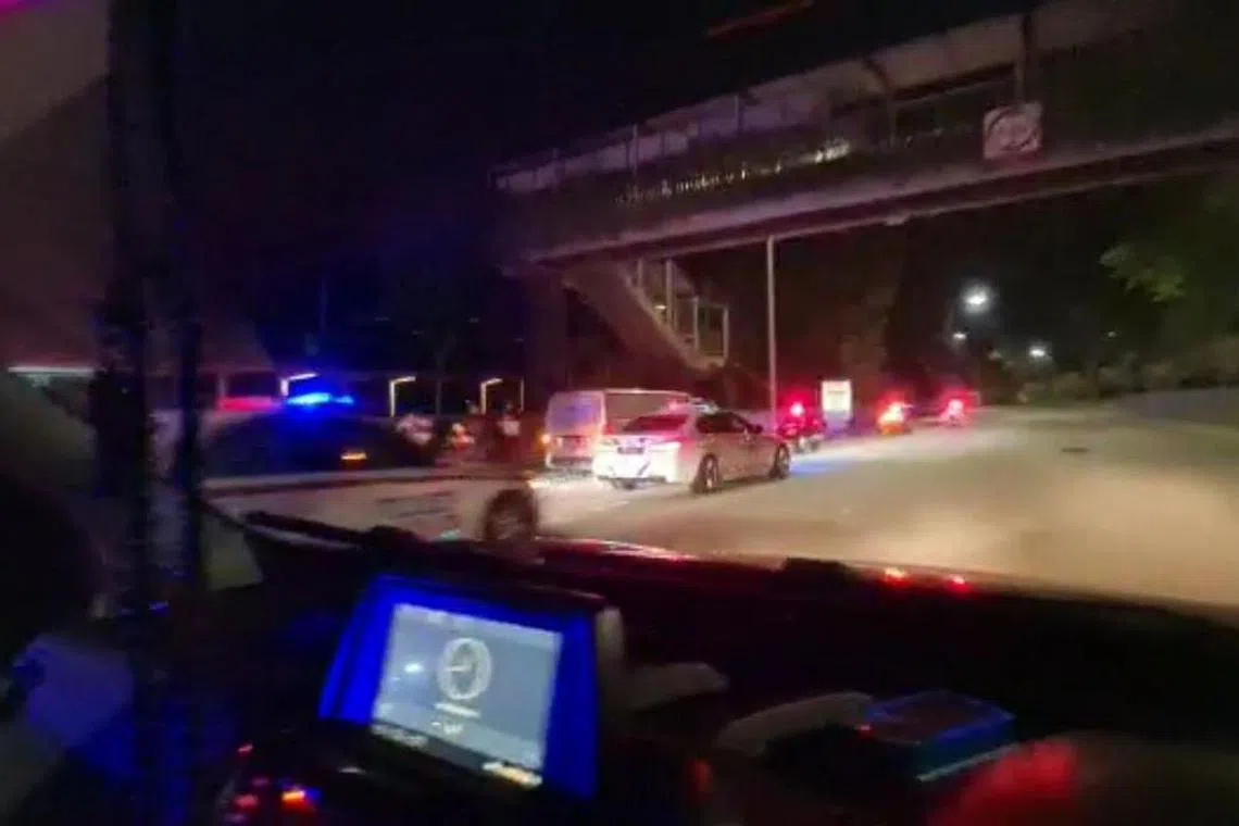 A video from SG Road Blocks showing the van that was involved in the midnight car chase stopped by several police cars along Choa Chu Kang Drive.