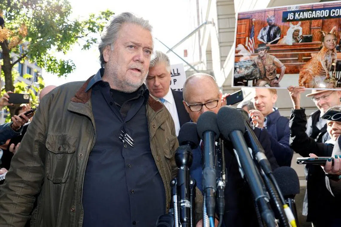 FILE PHOTO: Steve Bannon, former White House chief strategist under former President Donald Trump, who was found guilty of contempt of Congress charges in July for refusing a subpoena about the January 6th Attack on the U.S. Capitol, speaks to reporters after his sentencing hearing at U.S. District Court in Washington, U.S. October 21, 2022. REUTERS/Jonathan Ernst/File Photo