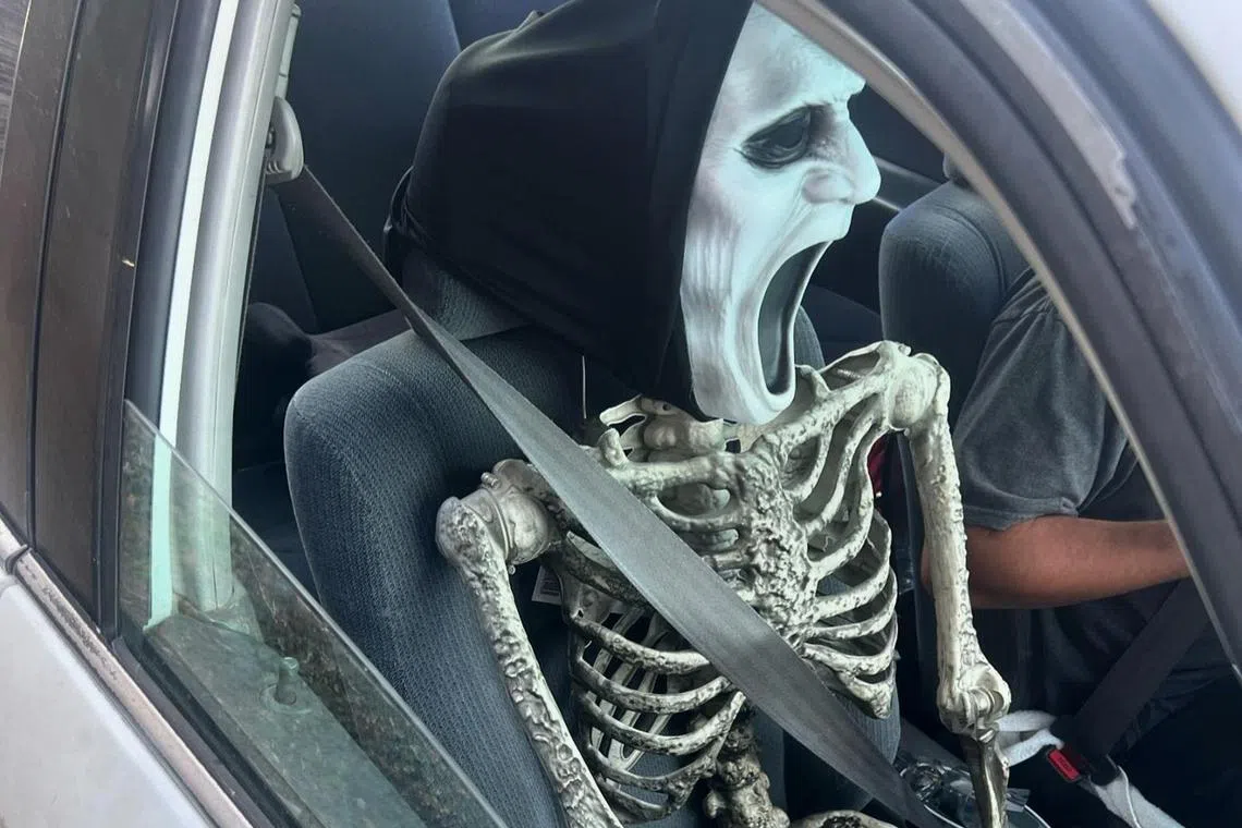 An undated photo provided by the California Highway Patrol shows the plastic skeleton that a driver in the San Jose, Calif. area recently used while driving in a high-occupancy-vehicle lane. (California Highway Patrol via The New York Times) — NO SALES; EDITORIAL USE ONLY—