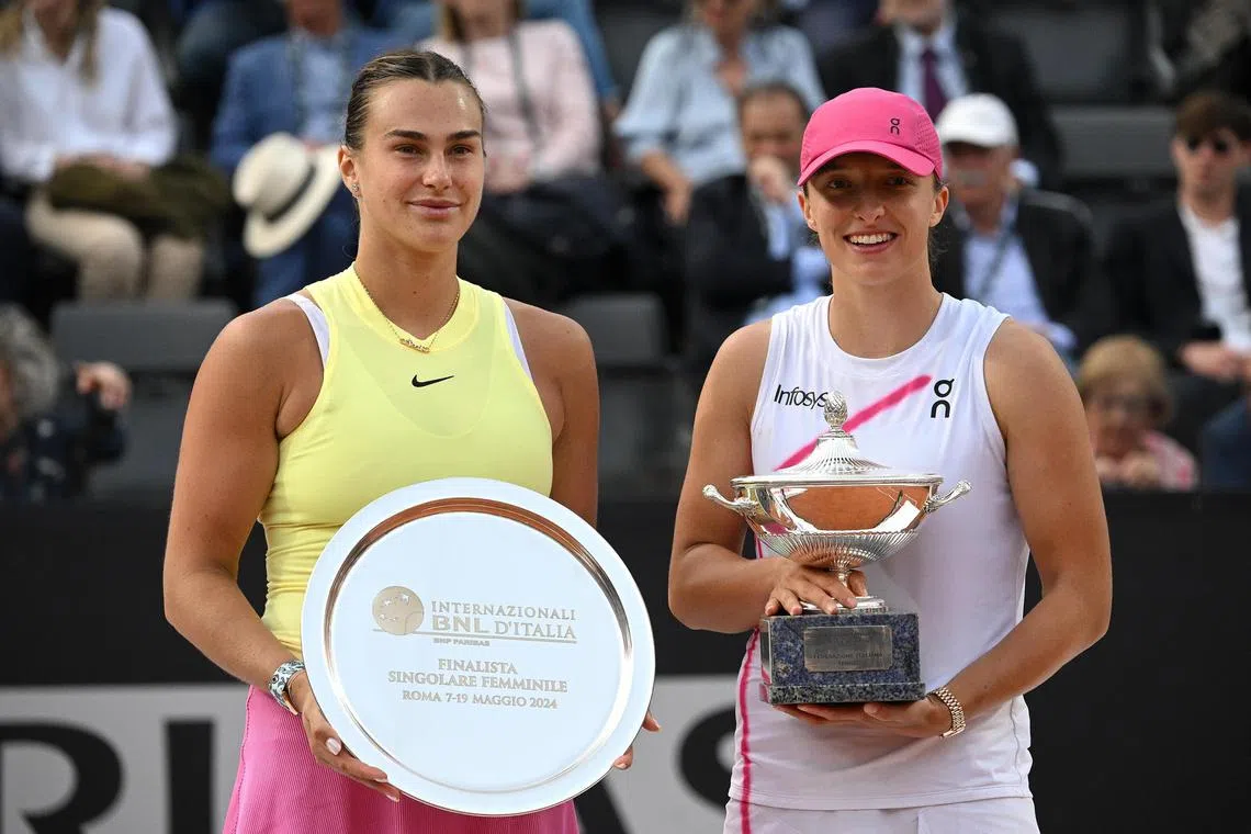 Aryna Sabalenka (left) and Iga Swiatek after the Italian Open final won by the latter. The duo are the two biggest stars of the WTA Tour at the moment, being at world No. 2 and No. 1 respectively.