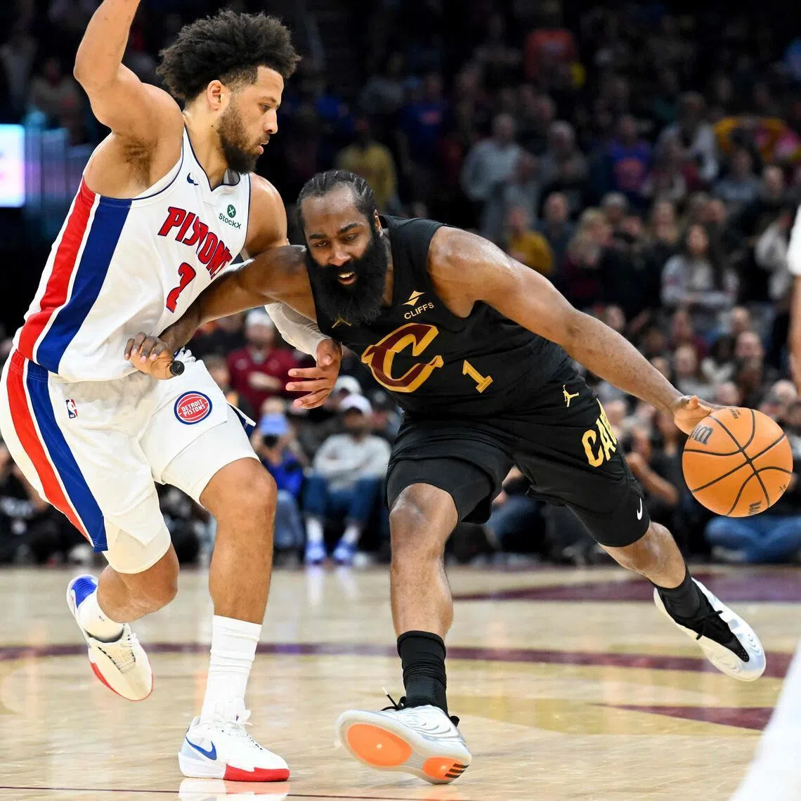 Cade Cunningham (left) of the Detroit Pistons guarding James Harden during the Cleveland Cavaliers' 113-109 NBA win at Rocket Arena on March 03, 2026 in Cleveland, Ohio.