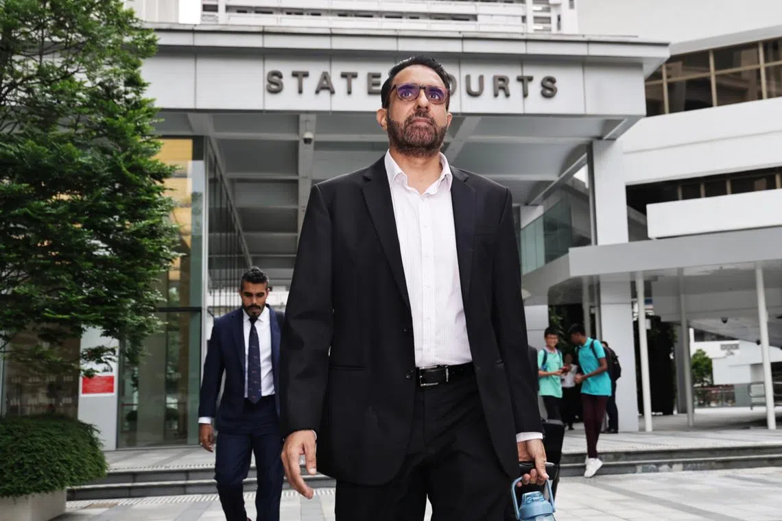 Leader of the Opposition and Workers' Party chief Pritam Singh leaving State Courts on Oct 23. He was a ccompanied by lawyer Andre Jumabhoy (far left).