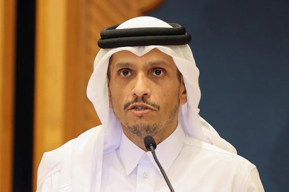 FILE PHOTO: Qatar's Prime Minister and Foreign Minister Sheikh Mohammed Bin Abdulrahman al-Thani speaks at a joint press conference with the U.S. secretary of state in Doha, Qatar, June 12, 2024. REUTERS/Ibraheem Al Omari/Pool/File Photo