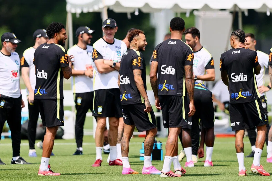 Soccer Football - FIFA World Cup 2026 - Brazil Training - Columbia Park Training Facility, Morristown, New Jersey, U.S. - June 17, 2026 Brazil's Neymar Jr., Raphinha, Ederson and Gabriel Magalhaes during training IMAGN IMAGES via Reuters/Caean Couto