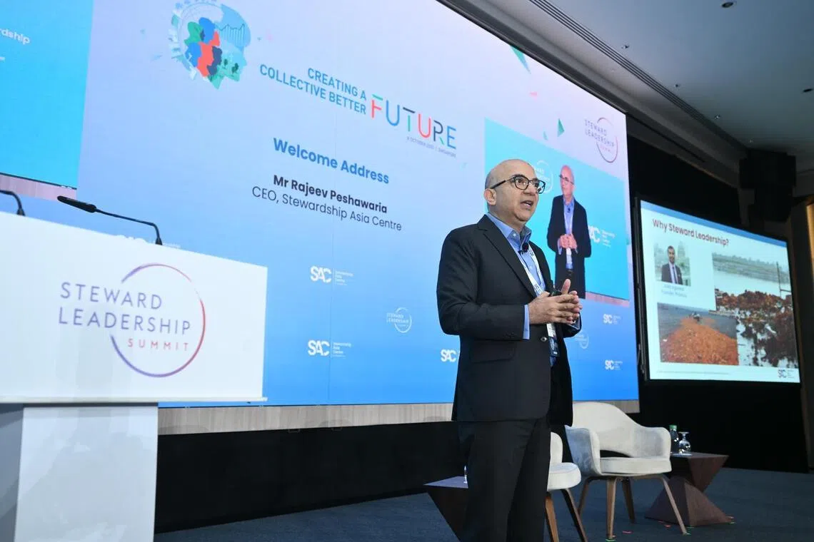 Mr Rajeev Peshawara, chief executive officer of Stewardship Asia Centre Singapore, speaking at the Steward Leadership Summit 2025.