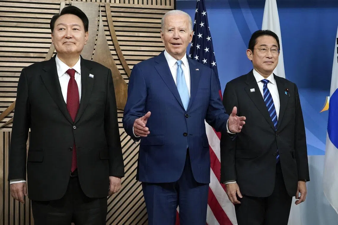 (From left) Japanese Prime Minister Fumio Kishida, US President Joe Biden and South Korean President Yoon Suk Yeol meeting in November at an Apec summit in San Francisco.