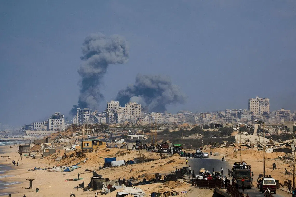 The aftermath of an Israeli military operation in Gaza City, as seen from the central Gaza Strip, 
 on Sept 28, 2025.     