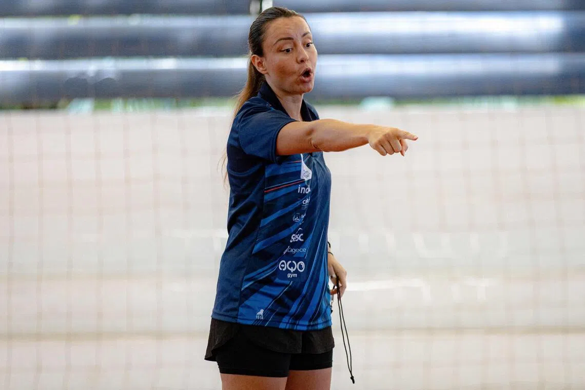 Fortaleza Basquete Cearense men's basketball team head coach, Serbian-Australian Jelena Todorovic, gestures during a training session.