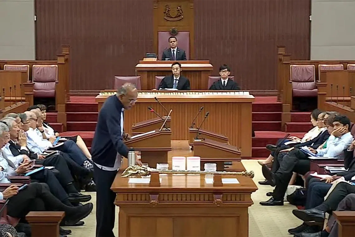 Law and Home Affairs Minister K. Shanmugam speaking during the parliamentary debate on July 3.