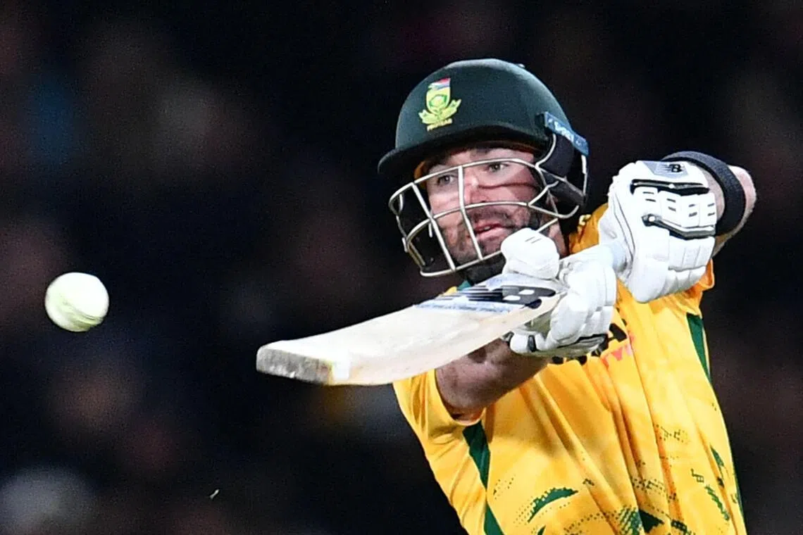 South Africa's Connor Esterhuizen plays a shot in the fifth and final Twenty20 international cricket match against New Zealand at Hagley Oval in Christchurch on March 25, 2026. The visitors won the series 3-2.