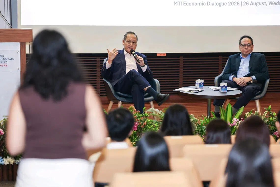 (From left) Minister for Trade and Industry Tan See Leng participating in a dialogue alongside Euston Quah, chair professor of economics and director of the Economic Growth Centre at Nanyang Technological University, at the Ministry of Trade and Industry Economic Dialogue 2026 at NTU@one-north on Aug 26, 2026.