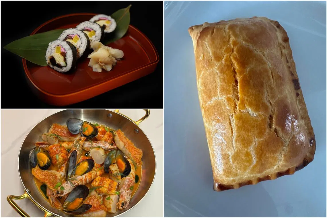 (Clockwise from top left) Futomaki from Setsuri Ishinomaki, Curry Puff from Oishi Pan Bakery, Seafood Stew from Nook.