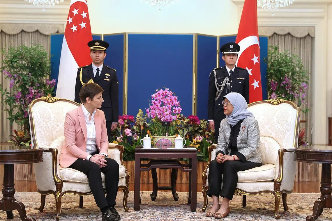 Serbian Prime Minister Ana Brnabić (left) calls on President Halimah Yacob on Nov 16, 2022.