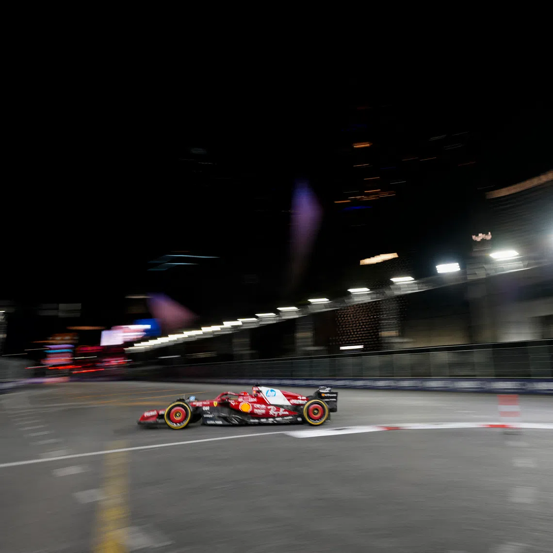 Nov 22, 2025; Las Vegas, NV, USA; Ferrari driver Charles Leclerc (16) drives during Las Vegas Grand Prix at the Las Vegas Strip Circuit. Mandatory Credit: Lucas Peltier-Imagn Images