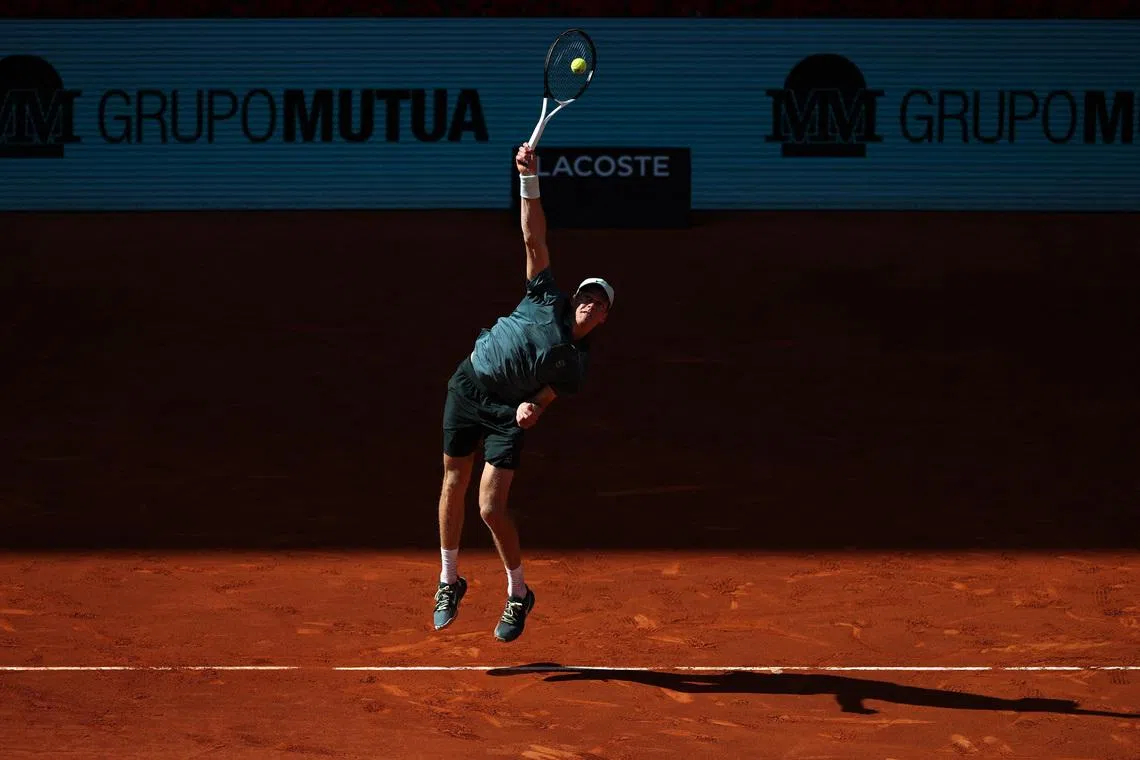 Tennis - Madrid Open - Park Manzanares, Madrid, Spain - May 1, 2026 Italy's Jannik Sinner in action during his semi final match against France's Arthur Fils REUTERS/Isabel Infantes
