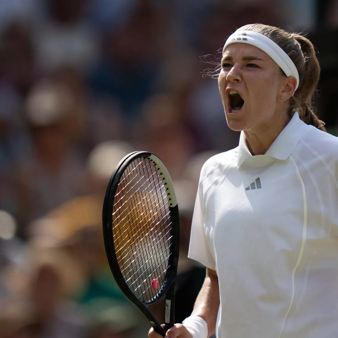 Jul 9, 2026; London, United Kingdom; Karolina Muchova of the Czech Republic reacts during her match against Coco Gauff of the United States on day 11 at All England Lawn Tennis and Croquet Club.  Mandatory Credit: Susan Mullane-Imagn Images