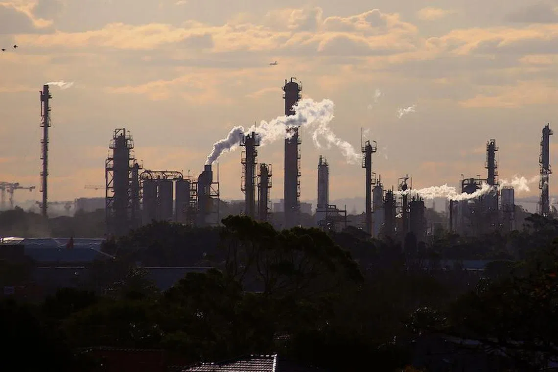 FILE PHOTO-Birds and a plane are seen flying above emission from the chimneys of a chemical plant located near Port Botany in Sydney, Australia June 2, 2017. REUTERS/David Gray/File Photo