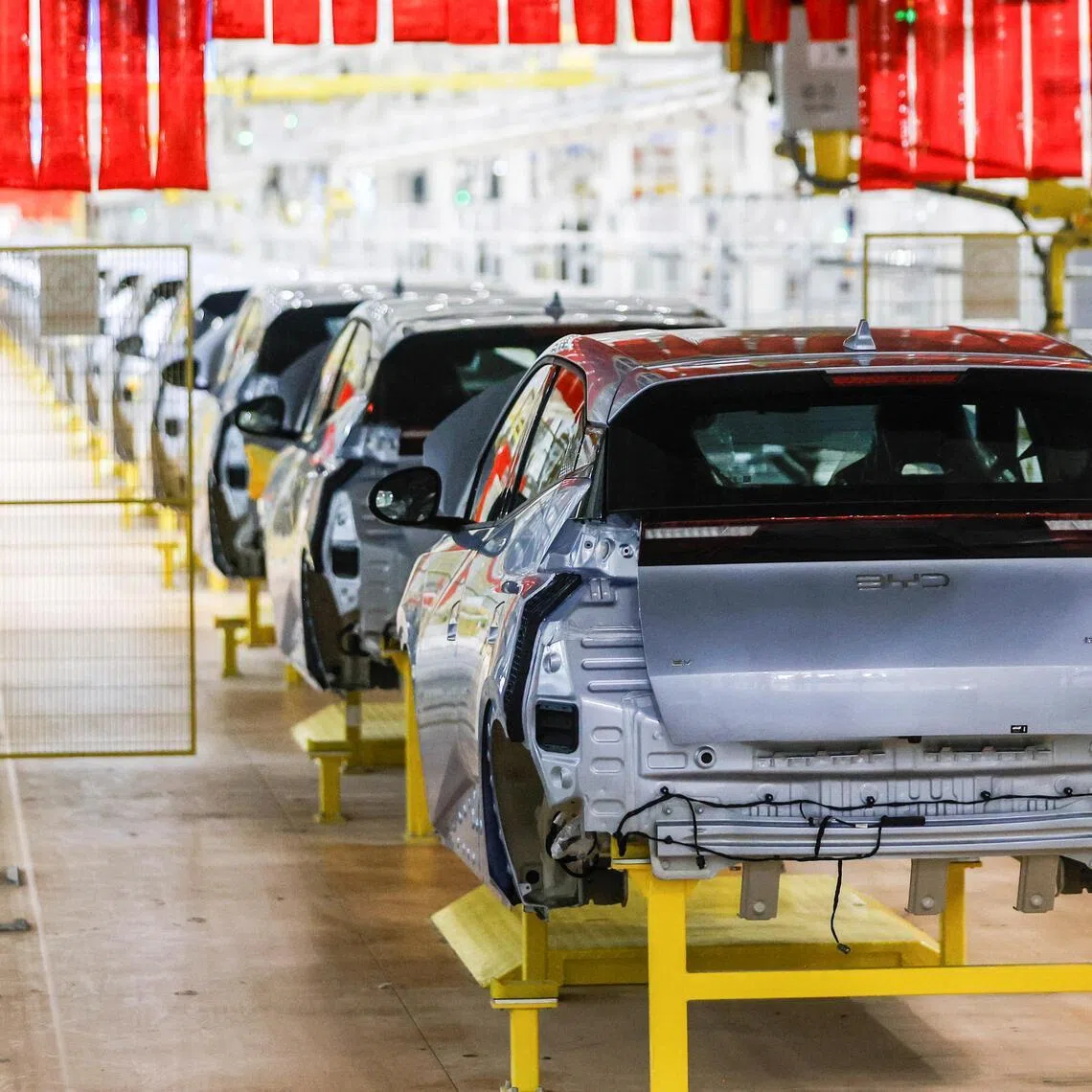 BYD vehicles in the production line at the company's new electric vehicle factory at the Industrial Complex in Camacari, Bahia, Brazil, February 3, 2026. REUTERS/Rafael Martins