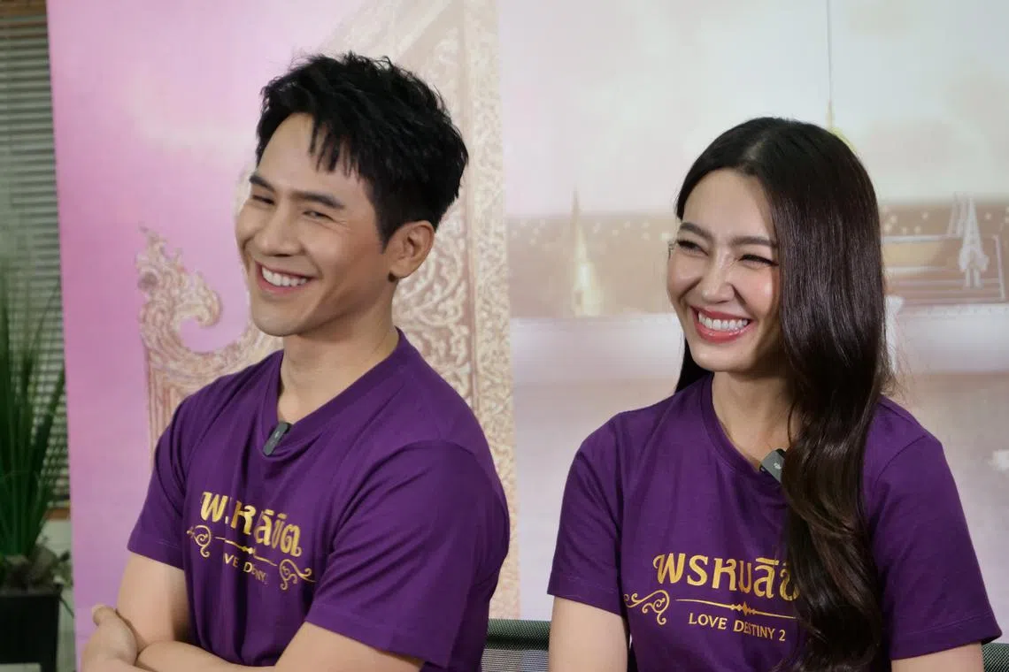 Pope Thanavat Vatthanaputi (left) and Bella Ranee Campen in a Zoom interview with Singapore media to promote the second season of the hit Thai period romance Love Destiny.