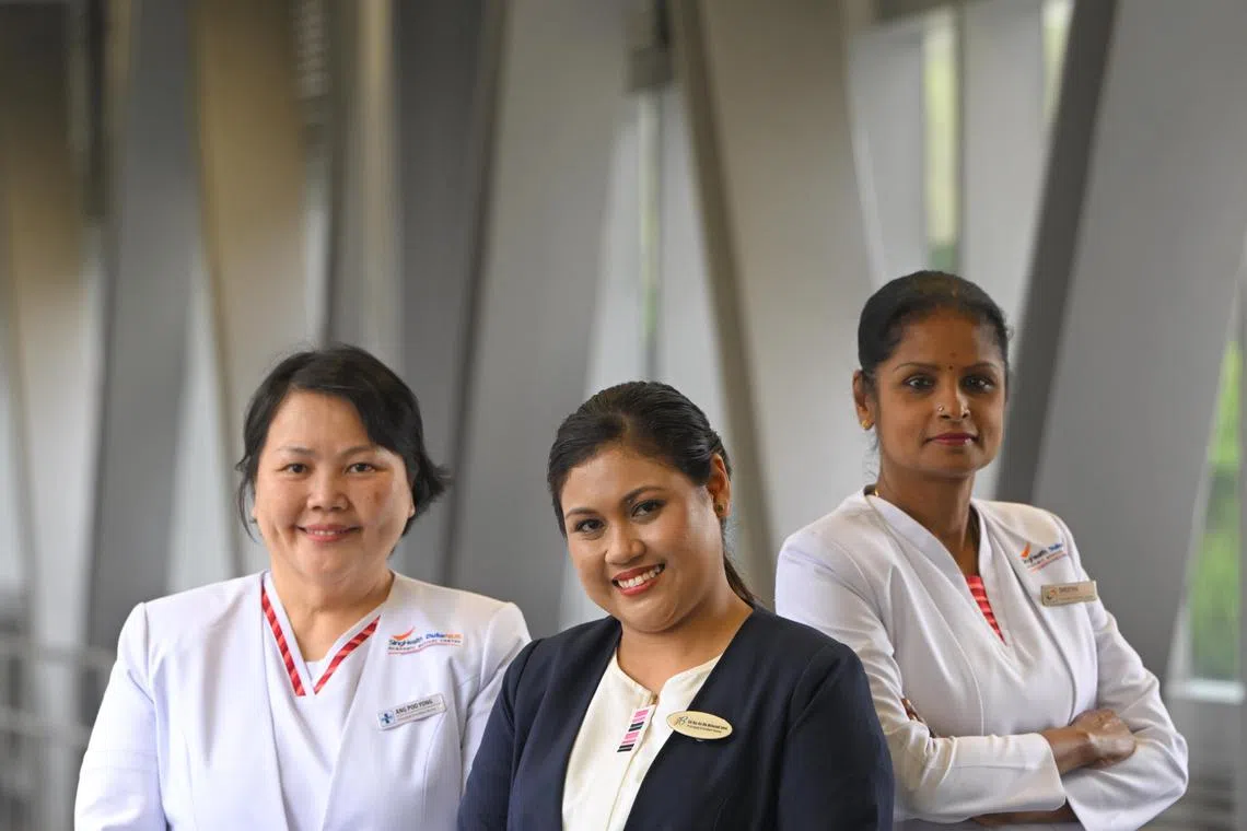 From left, Ms Ang Poo Yong from Changi General Hospital, Ms Siti Nur Ain Mohamad Ismail, from Health Promotion Board and Ms Sheetha Sinnathamby from National Cancer Centre Singapore, pictured ahead of the 18th Tan Chin Tuan Nursing Ward held at the Centre for Health Care Inventions on Nov 21, 2024.